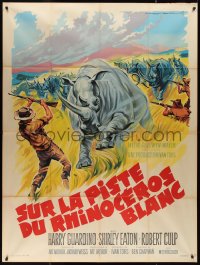 9y2024 RHINO French 1p 1964 different Roger Soubie art of rhinos stampeding toward big game hunters!