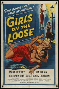 9y1581 GIRLS ON THE LOOSE 1sh 1958 classic catfight art of girls in gangs who stop at nothing!