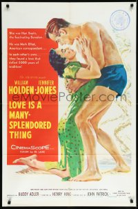 9y1620 LOVE IS A MANY-SPLENDORED THING 1sh 1955 art of William Holden holding sexy Jennifer Jones!