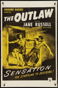 9y1651 OUTLAW 1sh R1950s great artwork of sexy Jane Russell & Jack Buetel, Howard Hughes!