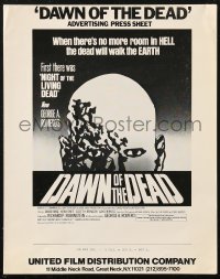 9y0479 DAWN OF THE DEAD press sheet 1979 George Romero, there's no more room in HELL for the dead!