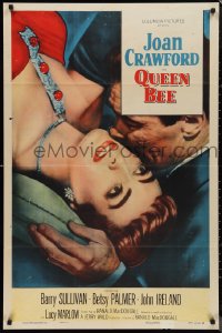 9y1668 QUEEN BEE style B 1sh 1955 c/u of sexy Joan Crawford being kissed by Barry Sullivan!