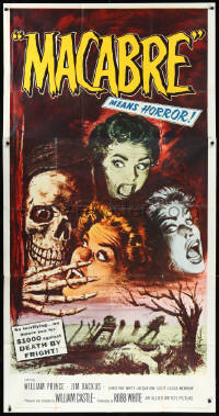 1a1702 MACABRE 3sh 1958 William Castle, Besser art of skeleton & screaming girls in graveyard, rare!