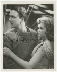 1a1503 FORBIDDEN PLANET 8x10.25 still 1956 c/u of Leslie Nielsen holding scared Anne Francis!