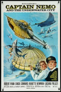 1a1095 CAPTAIN NEMO & THE UNDERWATER CITY 1sh 1970 great art of cast, scuba divers & cool ship!