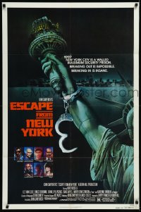 1a1169 ESCAPE FROM NEW YORK advance 1sh 1981 Carpenter, art of handcuffed Lady Liberty by Stan Watts!