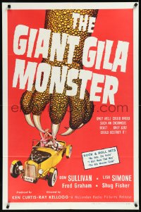 1a1215 GIANT GILA MONSTER 1sh 1959 classic art of giant monster hand grabbing teens in hot rod!