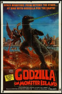 1a1218 GODZILLA ON MONSTER ISLAND 1sh 1976 cool art of battling Ghidra & Gigan & stomping carnival!