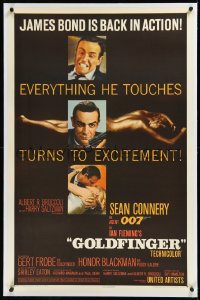 1a0121 GOLDFINGER linen 1sh 1964 three images of Sean Connery as James Bond 007 with a flat finish!