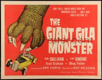 1a2114 GIANT GILA MONSTER 1/2sh 1959 classic art of monster hand grabbing teens in hot rod!