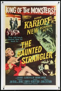 1a0125 HAUNTED STRANGLER linen 1sh 1958 creepy Boris Karloff marked their death by their wild beauty!