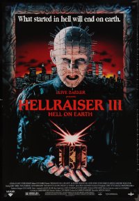 1a2337 HELLRAISER III: HELL ON EARTH 27x39 video poster 1992 Clive Barker, Pinhead holding cube!