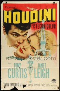 1a1235 HOUDINI 1sh 1953 art of magician Tony Curtis and his sexy assistant Janet Leigh!