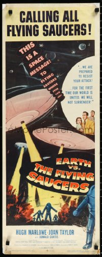 1a1761 EARTH VS. THE FLYING SAUCERS insert 1956 Ray Harryhausen classic, cool art of UFOs & aliens!