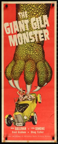 1a1774 GIANT GILA MONSTER insert 1959 classic art of giant monster hand grabbing teens in hot rod!