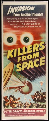 1a0190 KILLERS FROM SPACE insert 1954 bulb-eyed men invade Earth from flying saucers, cool art!