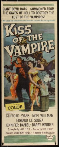 1a1784 KISS OF THE VAMPIRE insert 1963 Hammer, cool art of devil bats attacking by Joseph Smith!