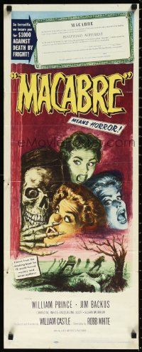 1a1791 MACABRE insert 1958 William Castle, cool artwork of skeleton & screaming girls in graveyard!