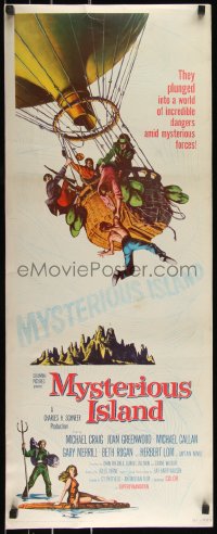 1a0193 MYSTERIOUS ISLAND insert 1961 Ray Harryhausen, Jules Verne sci-fi, cool hot-air balloon image!