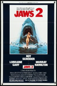 1a1262 JAWS 2 1sh 1978 great classic art of giant shark attacking girl on water skis by Lou Feck!