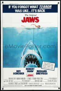 1a1261 JAWS 1sh R1979 Kastel art of Spielberg's man-eating shark attacking sexy swimmer!