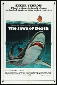 1a1263 JAWS OF DEATH 1sh 1976 Mako, Jaeckel, great art of shark attacking & hand raised from water!