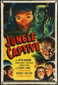 1a0137 JUNGLE CAPTIVE linen 1sh 1945 Vicky Lane as the Ape Woman, Rondo Hatton as Moloch the Brute!