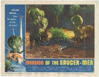 1a0826 INVASION OF THE SAUCER MEN LC #3 1957 cabbage head aliens surround unconscious man on ground!