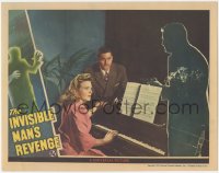 1a0828 INVISIBLE MAN'S REVENGE LC 1944 FX image of Jon Hall pointing gun at Ankers & Curtis by piano!