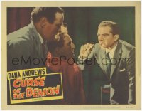 1a0849 NIGHT OF THE DEMON LC #3 1957 Dana Andrews holds object in front of men, Curse of the Demon!