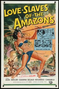 1a1276 LOVE-SLAVES OF THE AMAZONS 1sh 1957 Reynold Brown art of sexy female native with spear!