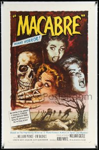 1a0140 MACABRE linen 1sh 1958 William Castle, Besser art of skeleton & screaming girls in graveyard!