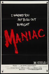 1a2570 MANIAC 1sh 1980 William Lustig's grindhouse slasher, you were warned not to go out tonight!