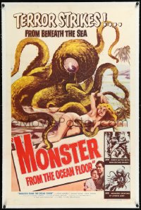 1a0143 MONSTER FROM THE OCEAN FLOOR linen 1sh 1954 cool art of the octopus beast attacking sexy girl!