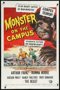 1a1293 MONSTER ON THE CAMPUS 1sh 1958 cool Reynold Brown art of test tube terror running amok!