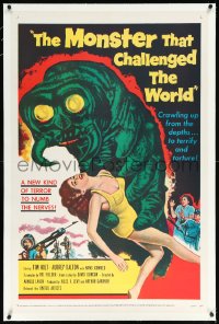 1a0144 MONSTER THAT CHALLENGED THE WORLD linen 1sh 1957 great art of the creature & female victim!