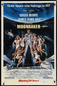 1a1295 MOONRAKER advance 1sh 1979 Goozee art of Moore as James Bond & sexy girls, blasting off soon!