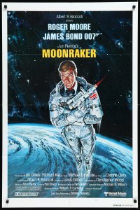 1a1297 MOONRAKER style A int'l teaser 1sh 1979 art of Roger Moore as Bond in space by Daniel Goozee!