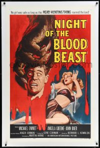 1a0147 NIGHT OF THE BLOOD BEAST linen 1sh 1958 art of sexy girl & monster hand holding severed head!