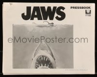 1a0637 JAWS pressbook 1975 art of Steven Spielberg's classic man-eating shark attacking sexy swimmer!