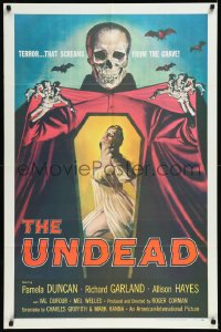 1a1382 UNDEAD 1sh 1957 best Albert Kallis art of huge skeleton & sexy Pamela Duncan, Roger Corman!