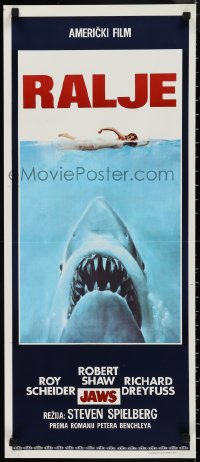 1a1715 JAWS Yugoslavian 14x32 1975 Spielberg's man-eating shark attacking swimmer, Ralje!