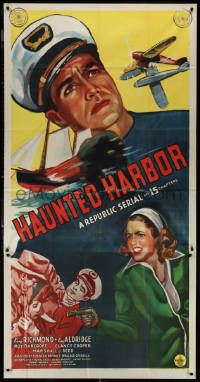 1b0467 HAUNTED HARBOR 3sh 1944 artwork of ship captain Kane Richmond + Kay Aldridge pointing gun!