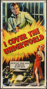 1b0468 I COVER THE UNDERWORLD 3sh 1955 cool art of full-length sexy smoking bad girl, McClory w/gun!