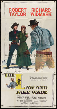 1b0475 LAW & JAKE WADE 3sh 1958 artwork of Robert Taylor, Richard Widmark & Patricia Owens!