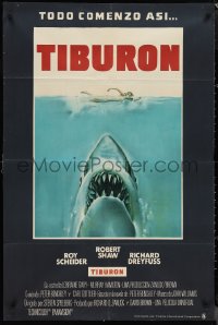 1b0315 JAWS Argentinean 1975 Steven Spielberg, best art of shark about to eat sexy swimmer!