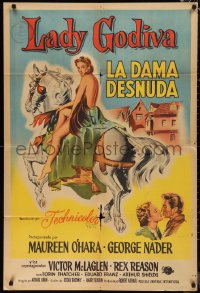 1b0318 LADY GODIVA Argentinean 1955 great art of sexy naked Maureen O'Hara on horseback, rare!