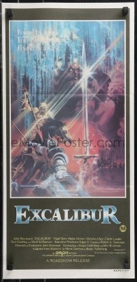 1b0532 EXCALIBUR Aust daybill 1981 John Boorman, cool medieval fantasy sword artwork by Bob Peak!