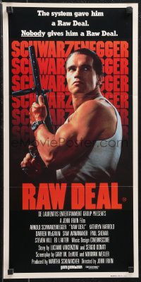 1b0564 RAW DEAL Aust daybill 1986 great close up of tough guy Arnold Schwarzenegger with gun!