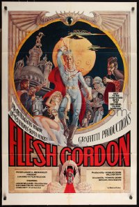 1b1204 FLESH GORDON 1sh 1974 sexy sci-fi spoof, wacky erotic super hero art by George Barr!